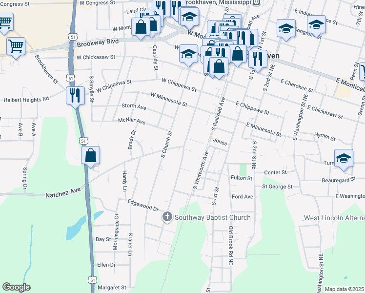 map of restaurants, bars, coffee shops, grocery stores, and more near 205 Natchez Avenue in Brookhaven