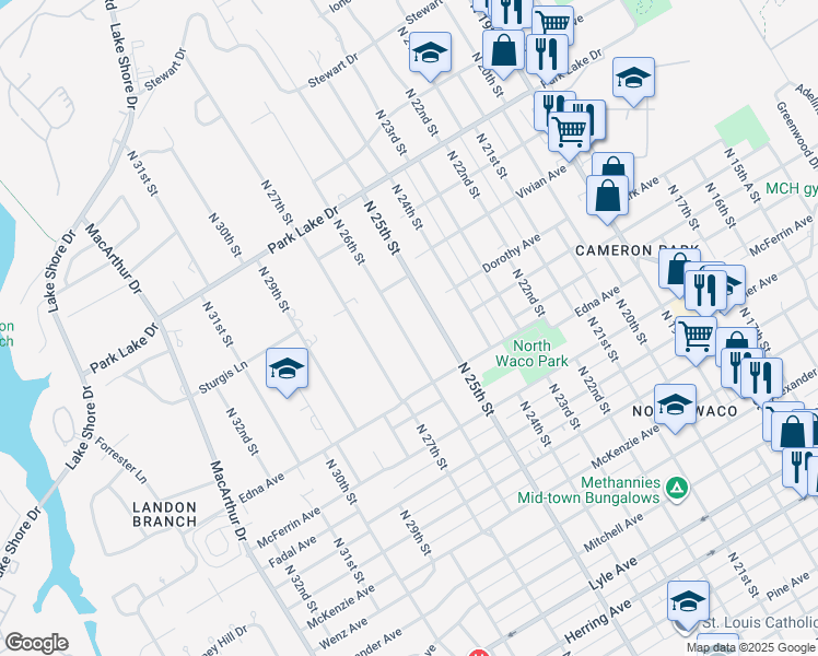 map of restaurants, bars, coffee shops, grocery stores, and more near 3409 North 26th Street in Waco