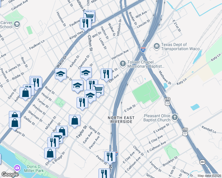 map of restaurants, bars, coffee shops, grocery stores, and more near 116 East Church Street in Waco