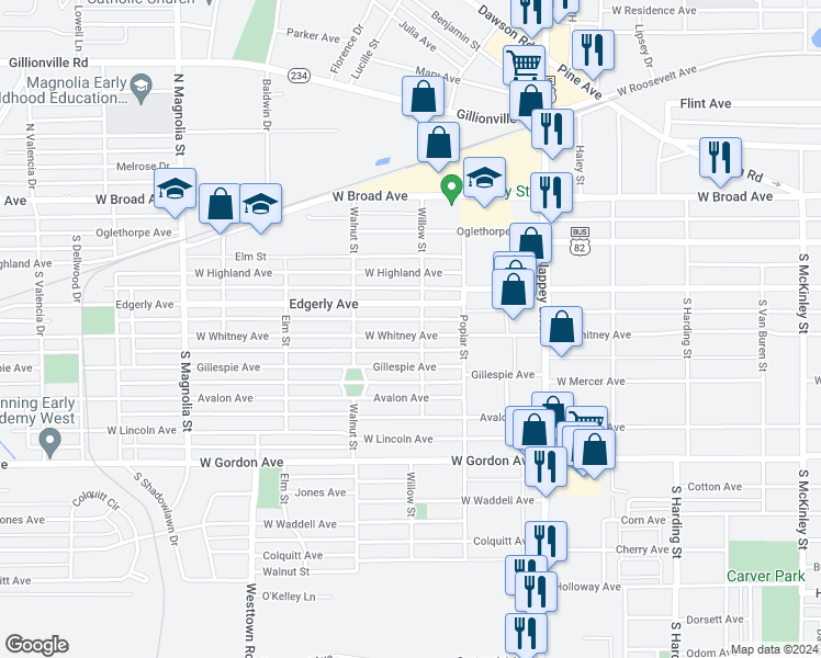 map of restaurants, bars, coffee shops, grocery stores, and more near 1303 West Whitney Avenue in Albany
