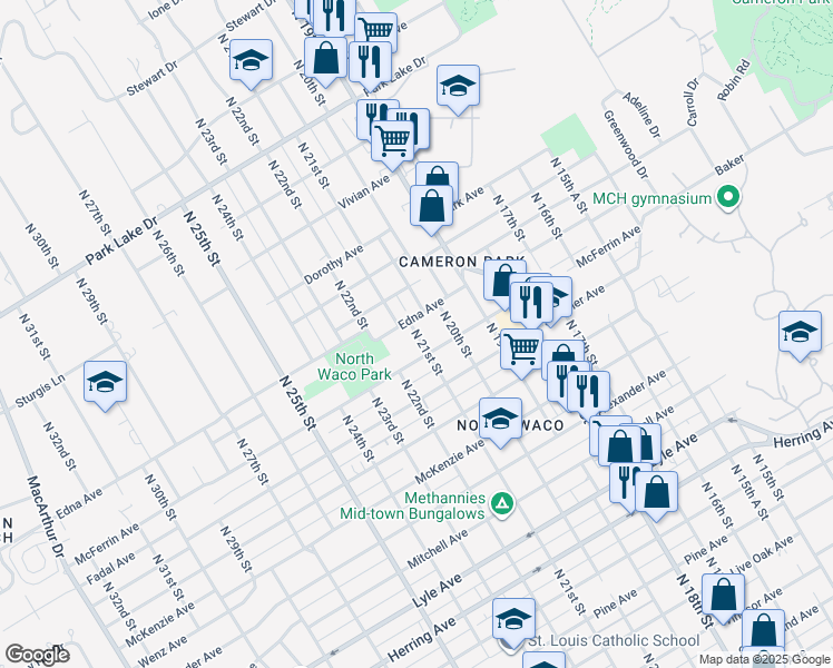 map of restaurants, bars, coffee shops, grocery stores, and more near 3112 North 21st Street in Waco