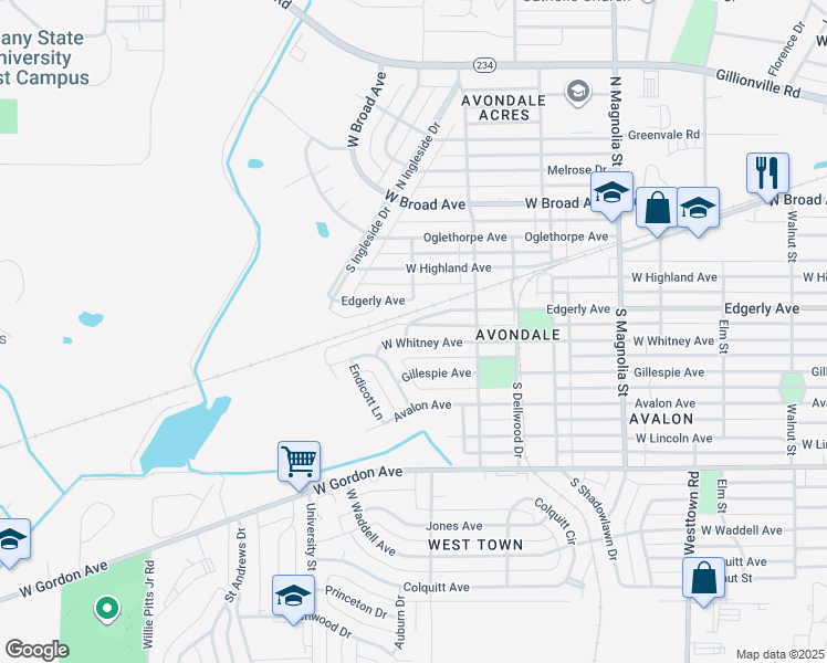 map of restaurants, bars, coffee shops, grocery stores, and more near 1916 West Whitney Avenue in Albany