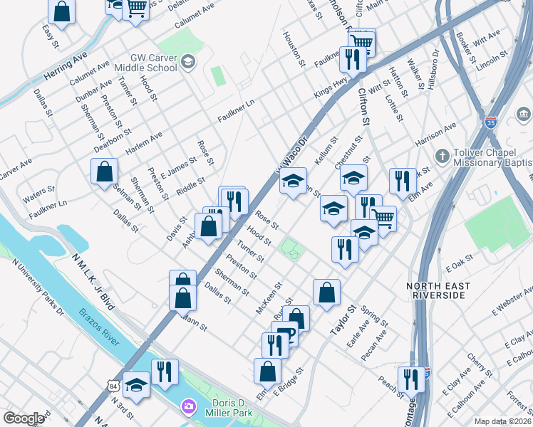 map of restaurants, bars, coffee shops, grocery stores, and more near 610 Rose Street in Waco