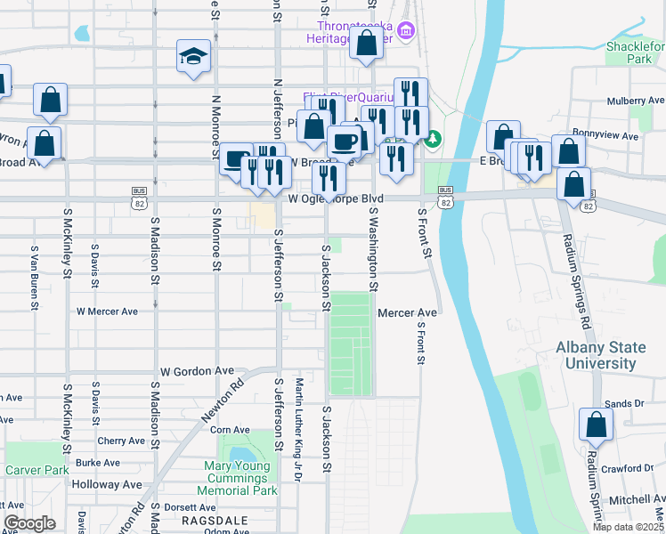 map of restaurants, bars, coffee shops, grocery stores, and more near 402 South Jackson Street in Albany