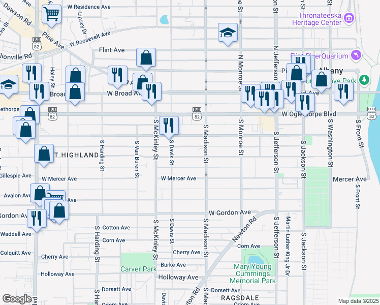 map of restaurants, bars, coffee shops, grocery stores, and more near 615 West Whitney Avenue in Albany