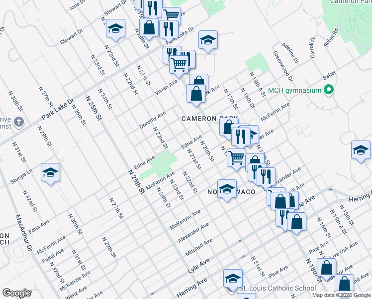 map of restaurants, bars, coffee shops, grocery stores, and more near 2101 McFerrin Avenue in Waco