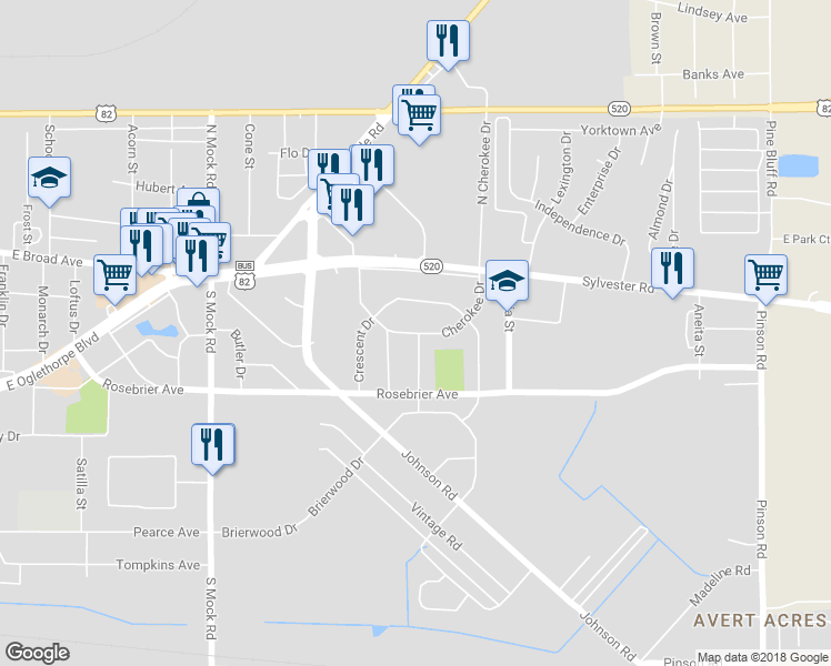 map of restaurants, bars, coffee shops, grocery stores, and more near 2522 Cherokee Drive in Albany