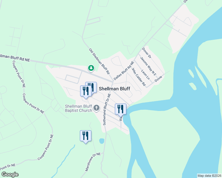 map of restaurants, bars, coffee shops, grocery stores, and more near 1054 New Shellman Road North East in Townsend