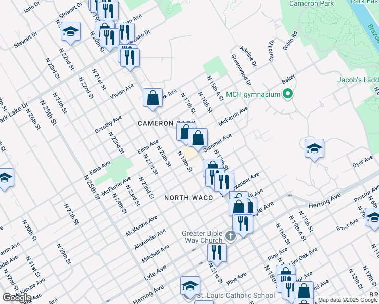 map of restaurants, bars, coffee shops, grocery stores, and more near 1811 McFerrin Avenue in Waco