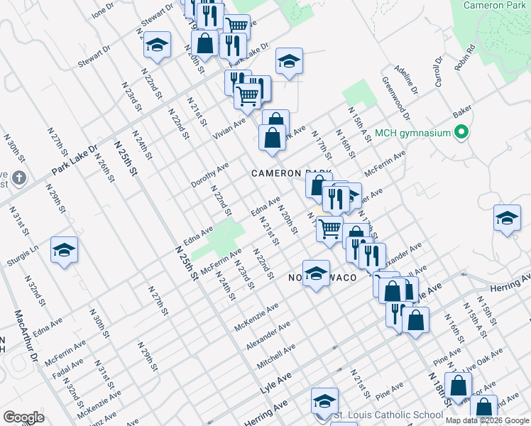 map of restaurants, bars, coffee shops, grocery stores, and more near 3201 North 20th A Street in Waco