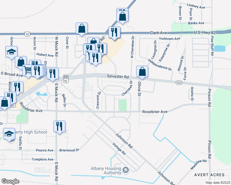 map of restaurants, bars, coffee shops, grocery stores, and more near 2524 Cherokee Drive in Albany