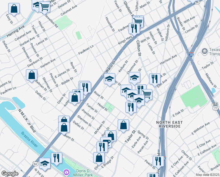 map of restaurants, bars, coffee shops, grocery stores, and more near 1030 Live Oak Street in Waco