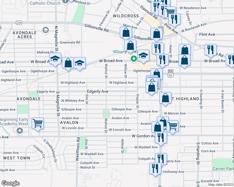 map of restaurants, bars, coffee shops, grocery stores, and more near 1308 Edgerly Avenue in Albany