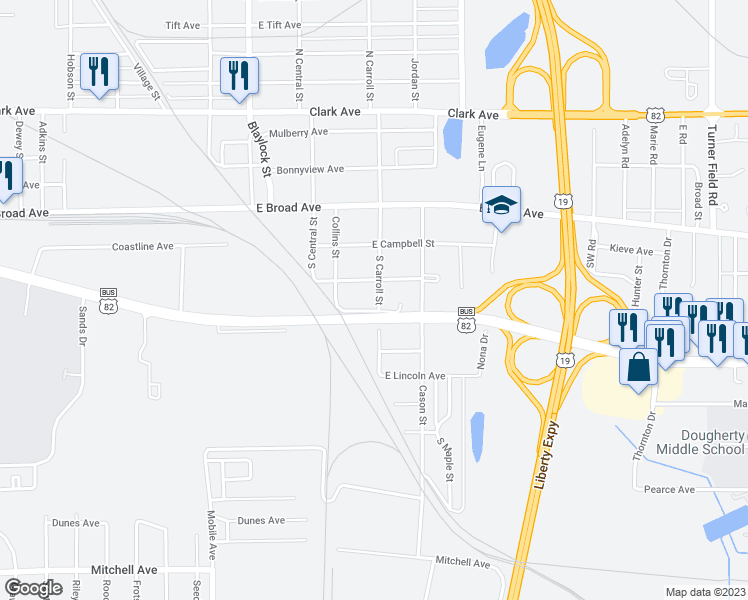 map of restaurants, bars, coffee shops, grocery stores, and more near 307 South Carroll Street in Albany