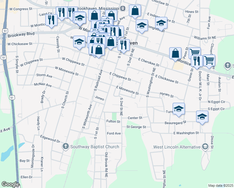 map of restaurants, bars, coffee shops, grocery stores, and more near 501-527 S 2nd Street Northeast in Brookhaven
