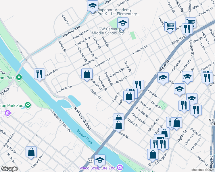 map of restaurants, bars, coffee shops, grocery stores, and more near 608 Riddle Street in Waco