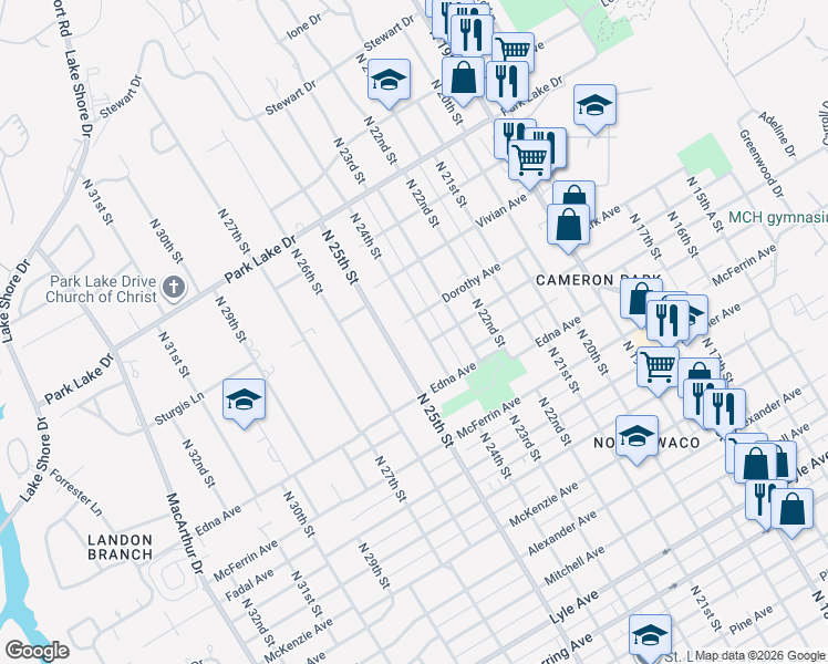 map of restaurants, bars, coffee shops, grocery stores, and more near 3420 North 24th Street in Waco