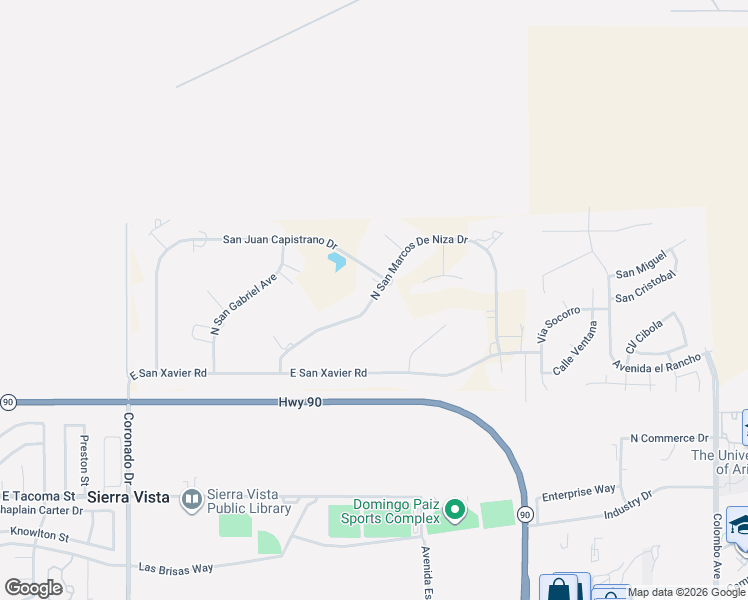 map of restaurants, bars, coffee shops, grocery stores, and more near 1713 San Marcos De Niza Drive in Sierra Vista