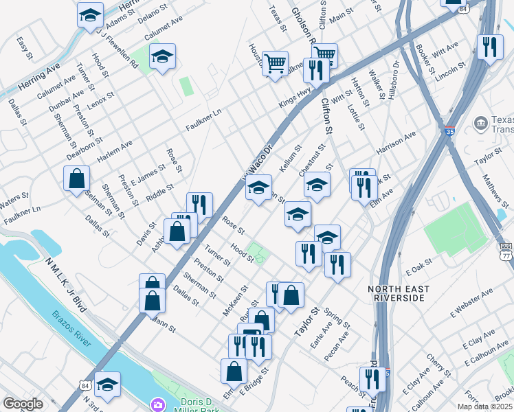 map of restaurants, bars, coffee shops, grocery stores, and more near 1030 Live Oak Street in Waco