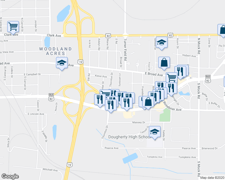 map of restaurants, bars, coffee shops, grocery stores, and more near 126 Thornton Drive in Albany