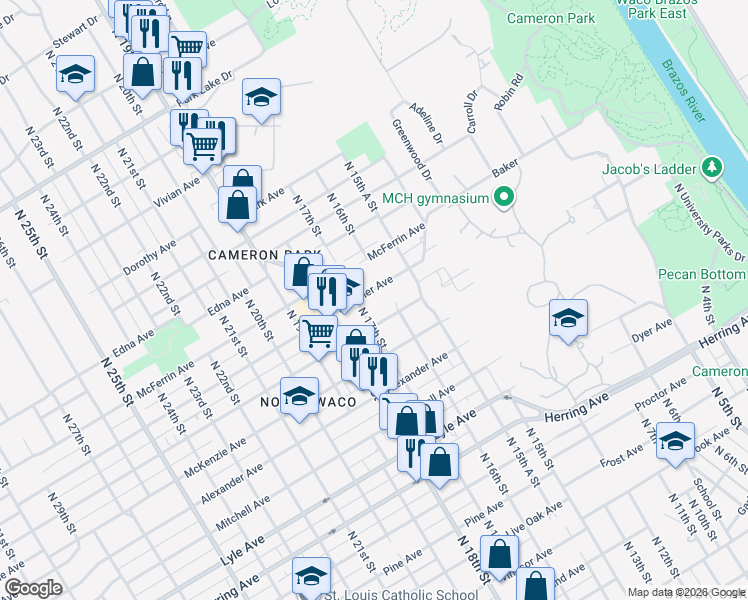 map of restaurants, bars, coffee shops, grocery stores, and more near 1612 Summer Avenue in Waco
