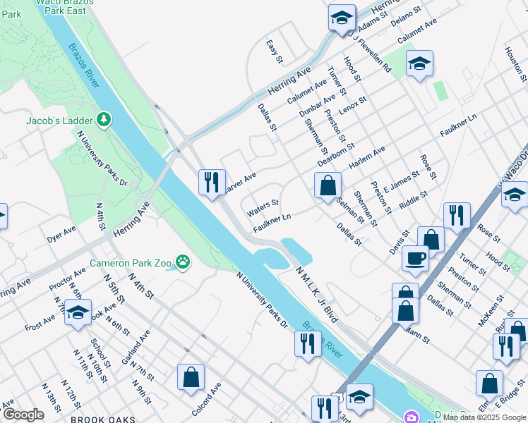 map of restaurants, bars, coffee shops, grocery stores, and more near 120 Waters Street in Waco