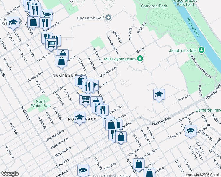 map of restaurants, bars, coffee shops, grocery stores, and more near 1537 Reuter Avenue in Waco