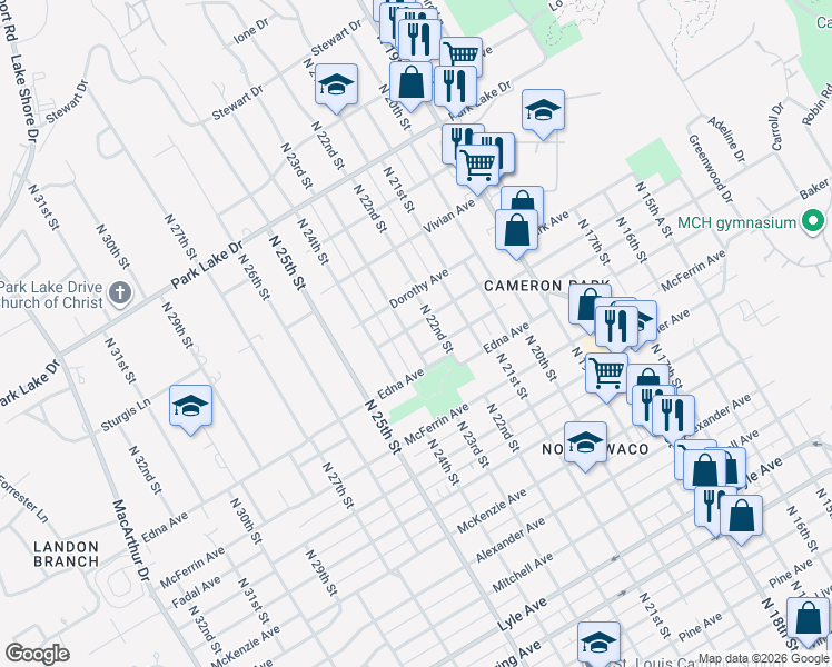 map of restaurants, bars, coffee shops, grocery stores, and more near 3316 North 22nd Street in Waco