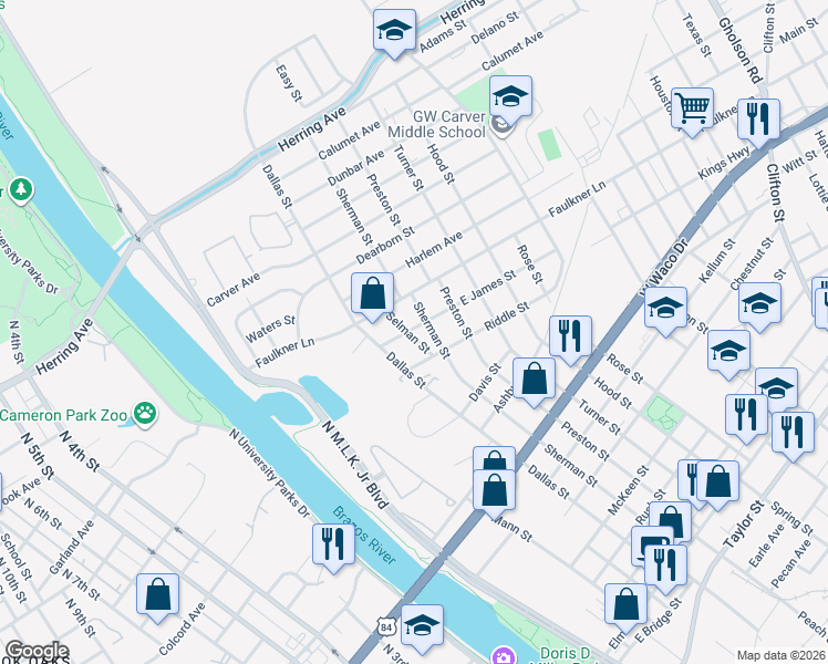 map of restaurants, bars, coffee shops, grocery stores, and more near 535 East James Street in Waco