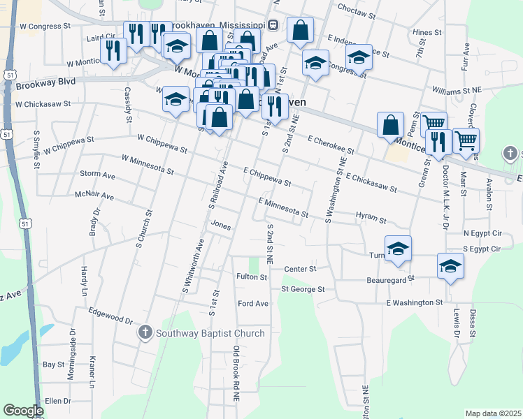 map of restaurants, bars, coffee shops, grocery stores, and more near 501-527 S 2nd Street Northeast in Brookhaven