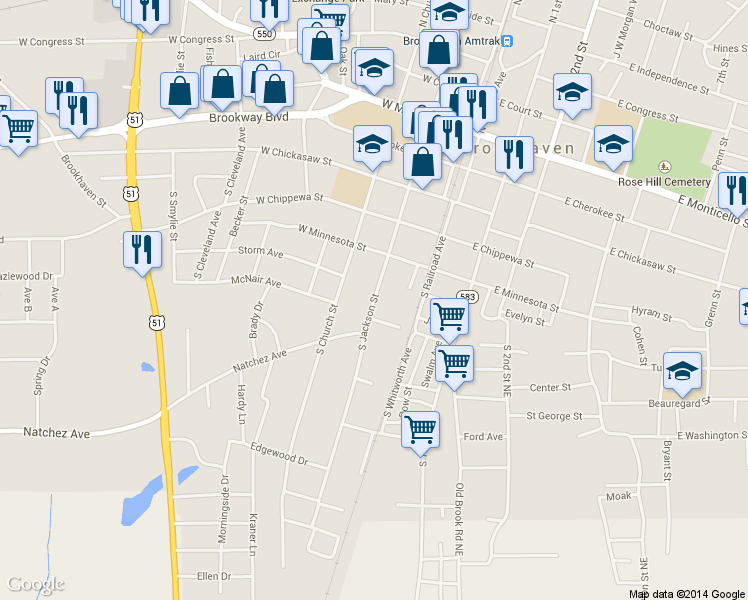 map of restaurants, bars, coffee shops, grocery stores, and more near 613 S Jackson St in Brookhaven