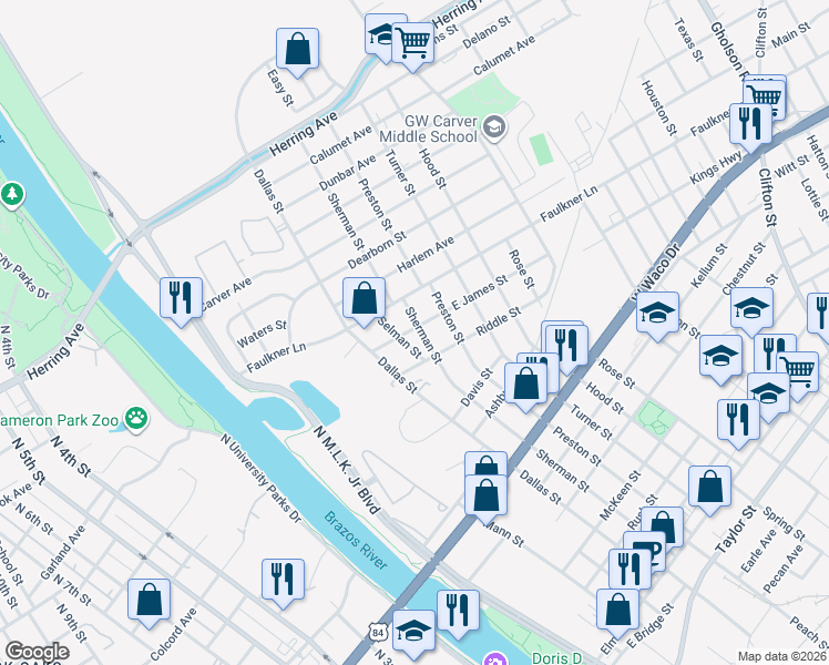 map of restaurants, bars, coffee shops, grocery stores, and more near 535 East James Street in Waco
