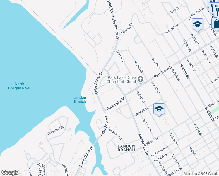 map of restaurants, bars, coffee shops, grocery stores, and more near 3315 Oakridge Lane in Waco