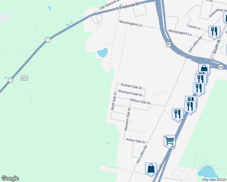 map of restaurants, bars, coffee shops, grocery stores, and more near 3724 Bluff Oak Street in Nacogdoches
