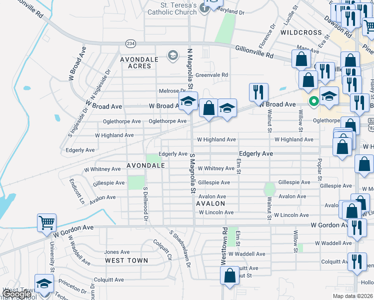 map of restaurants, bars, coffee shops, grocery stores, and more near 1700 Edgerly Avenue in Albany