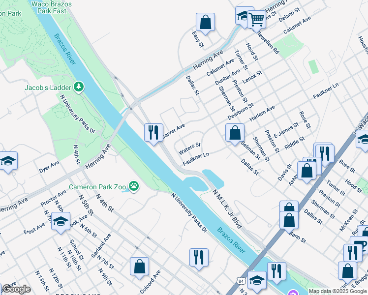map of restaurants, bars, coffee shops, grocery stores, and more near 120 Waters Street in Waco