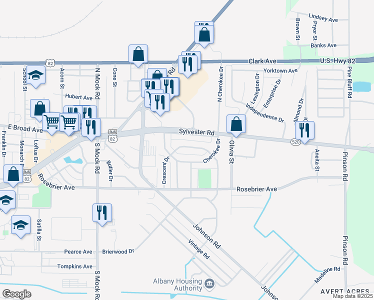 map of restaurants, bars, coffee shops, grocery stores, and more near 2538 Crescent Drive in Albany
