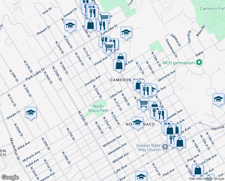 map of restaurants, bars, coffee shops, grocery stores, and more near 3206 North 20th Street in Waco
