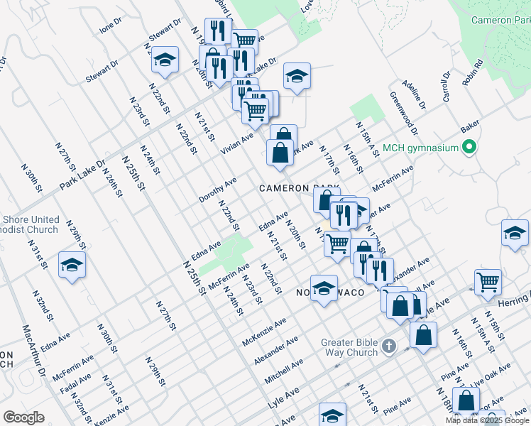 map of restaurants, bars, coffee shops, grocery stores, and more near 3201 North 20th A Street in Waco