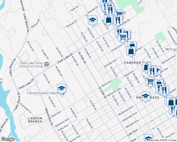 map of restaurants, bars, coffee shops, grocery stores, and more near 3524 North 25th Street in Waco