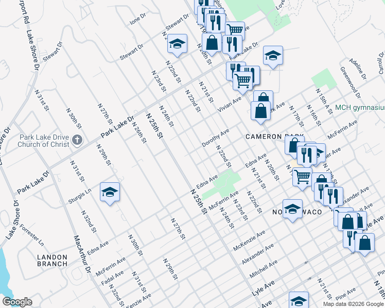 map of restaurants, bars, coffee shops, grocery stores, and more near 3420 North 24th Street in Waco