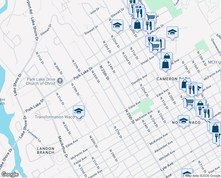 map of restaurants, bars, coffee shops, grocery stores, and more near 3524 North 25th Street in Waco