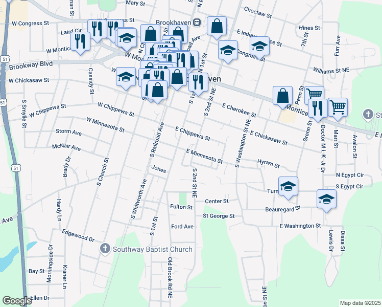 map of restaurants, bars, coffee shops, grocery stores, and more near 501-527 S 2nd Street Northeast in Brookhaven