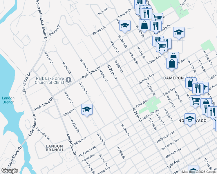 map of restaurants, bars, coffee shops, grocery stores, and more near 3612 North 26th Street in Waco