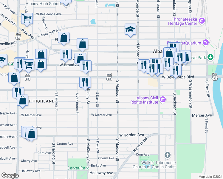 map of restaurants, bars, coffee shops, grocery stores, and more near 631 Highland Avenue in Albany