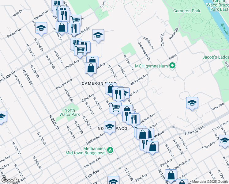 map of restaurants, bars, coffee shops, grocery stores, and more near 1811 McFerrin Avenue in Waco