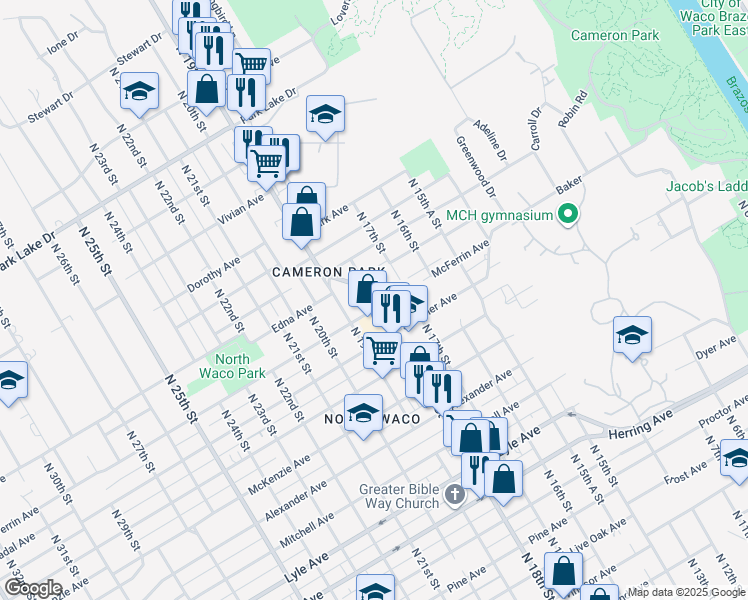 map of restaurants, bars, coffee shops, grocery stores, and more near 1811 McFerrin Avenue in Waco