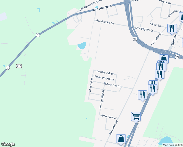 map of restaurants, bars, coffee shops, grocery stores, and more near 3724-3816 Bluff Oak Street in Nacogdoches