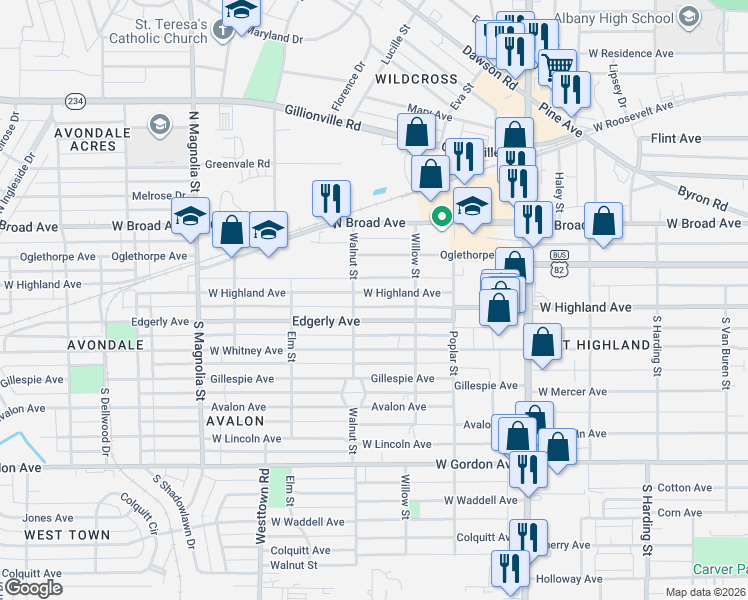 map of restaurants, bars, coffee shops, grocery stores, and more near 1314 Highland Avenue in Albany