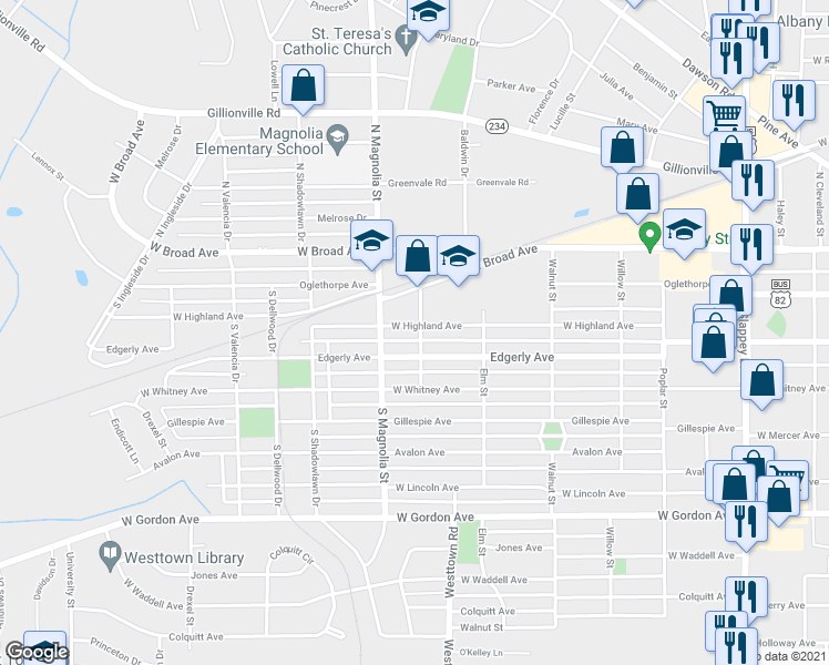 map of restaurants, bars, coffee shops, grocery stores, and more near 1600 West Highland Avenue in Albany